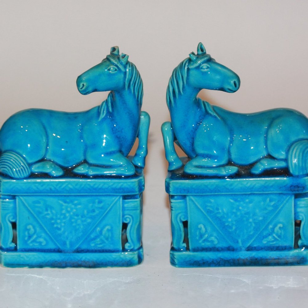 Asian Oriental BLUE Horses Vintage Bookends Statues Figurines RARE LOT of 2
